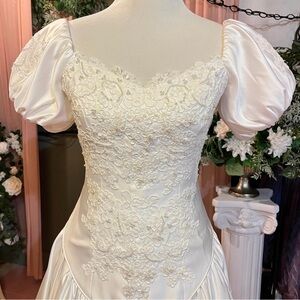 Vintage Alfred Angelo Drop Waist White Lace Bridal Gown with Puff Sleeves